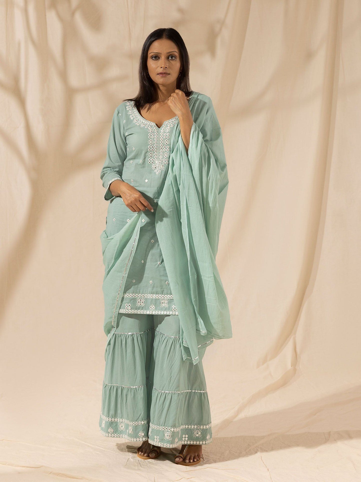 Likha Mint Green Mirrorwork Sharara Set With Dupatta LIKSKD10 (Set of 3) - M