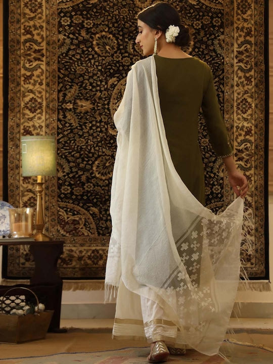 SCAKHI Women Olive Green Floral Embroidered Panelled Kurta with Sharara & With Dupatta