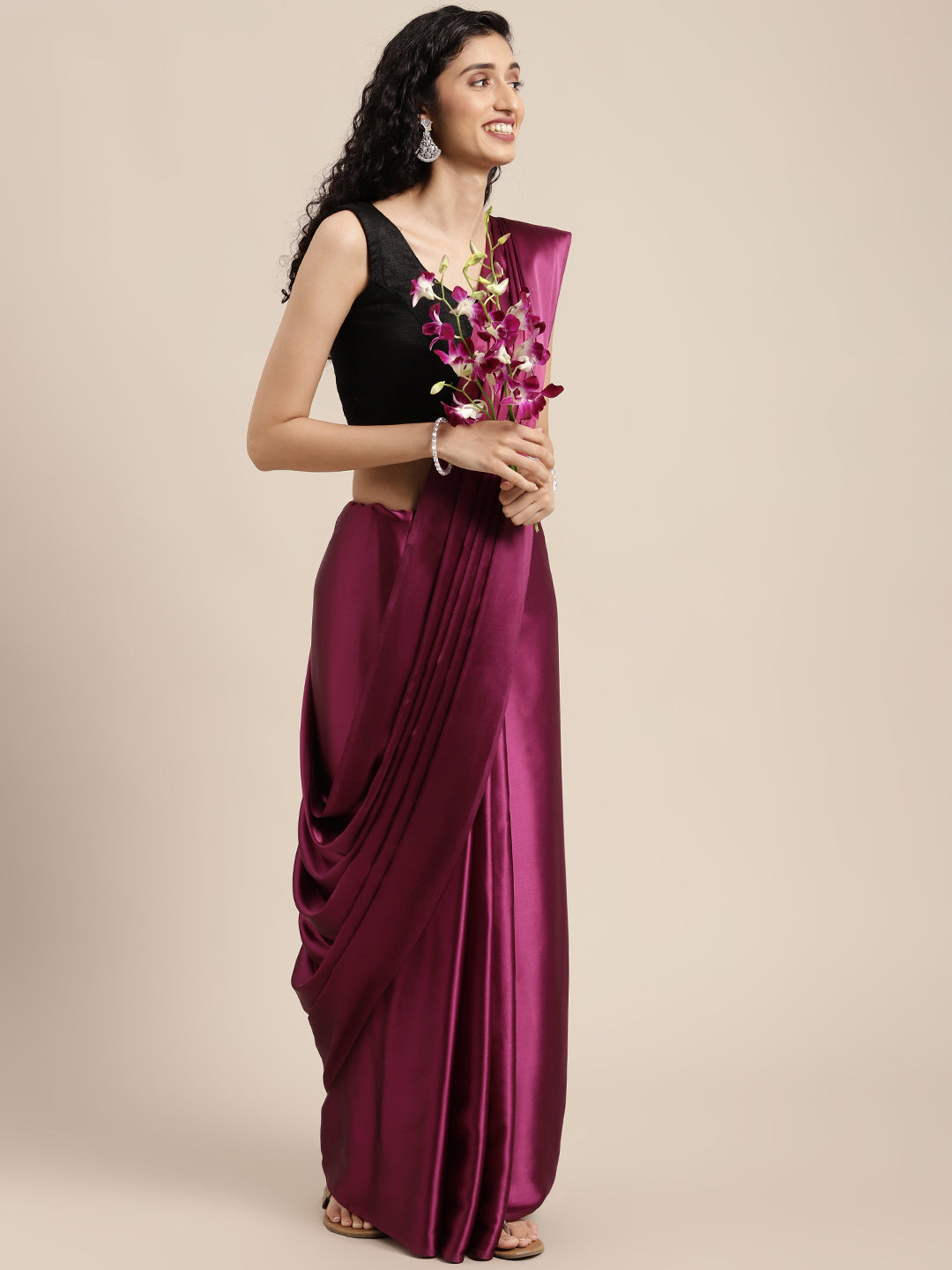Mitera Burgundy Solid Satin Saree