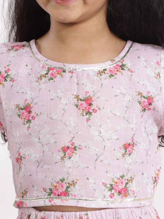 Vastramay Girls Pink & Green Printed Linen Crop Top & Ruffle Skirt