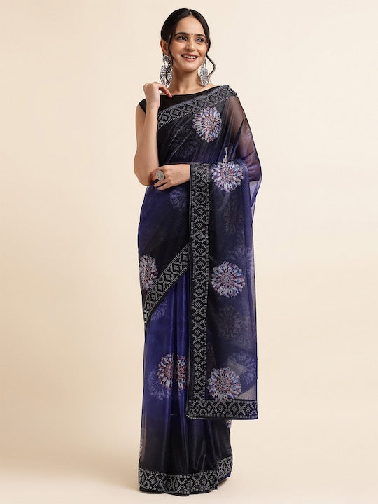 Fabmora Satin Ethnic Motifs Embellished Embroidered Lycra Designer Saree