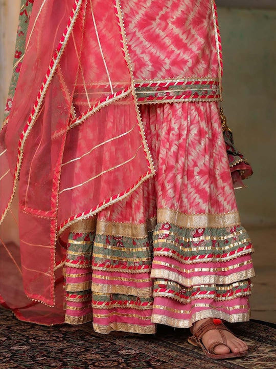 Scakhi Women Pink Printed Pure Silk Kurta with Sharara & Dupatta