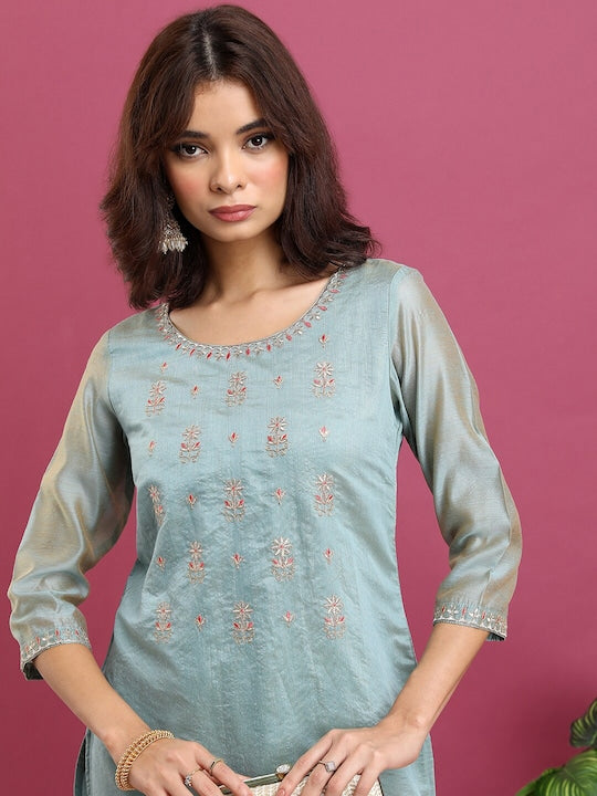 Vishudh Floral Yoke Design Zari Straight Kurta