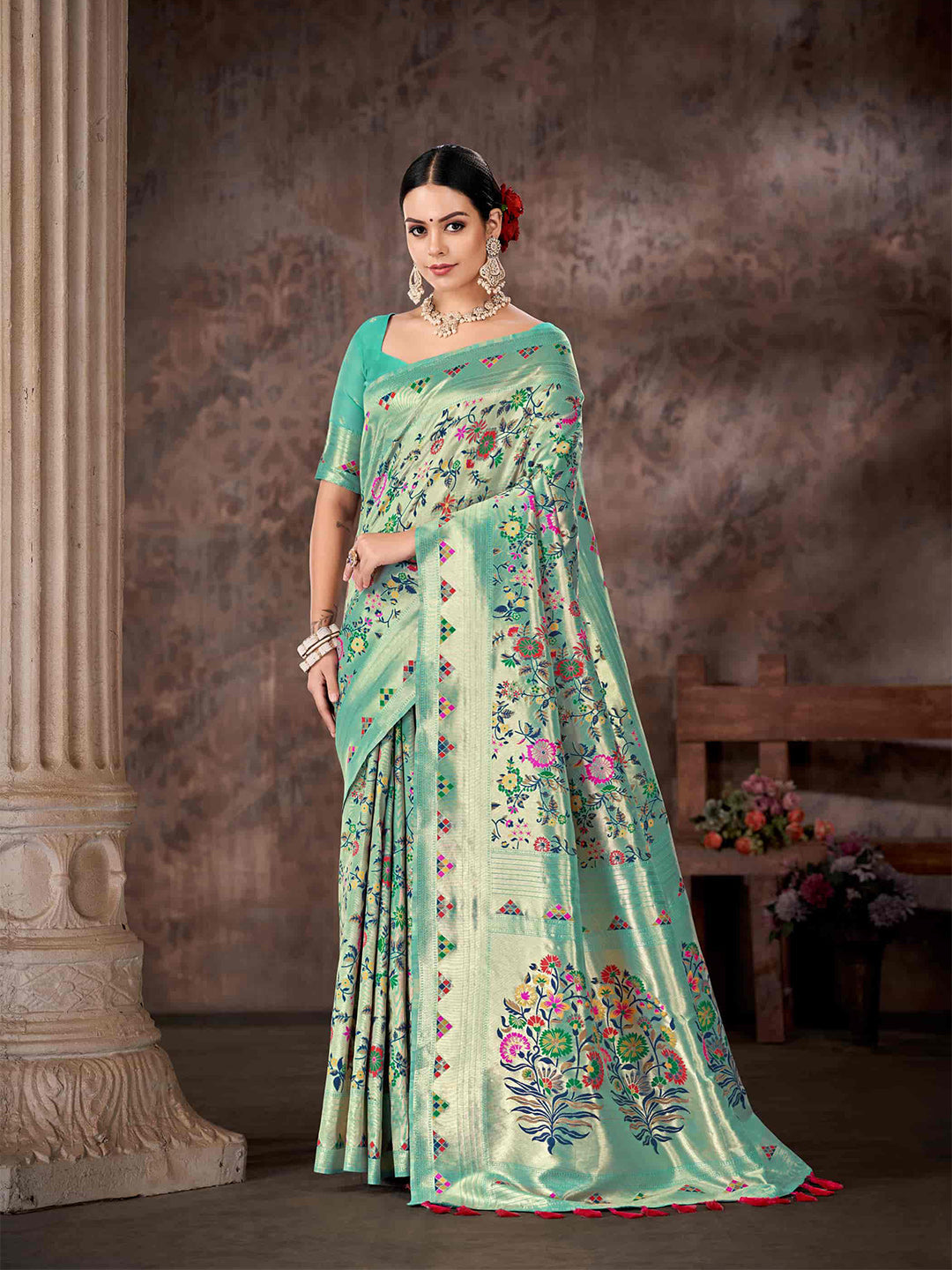 Silk Land Floral Woven Design Zari Saree