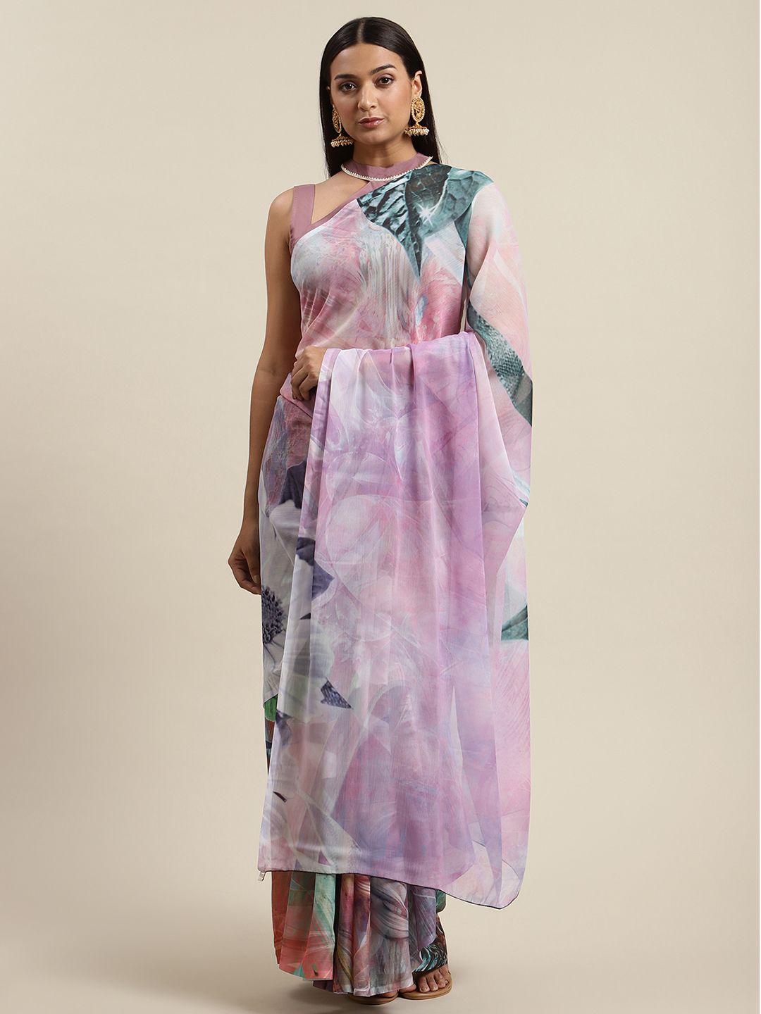 Ahalyaa Women's Lavender Colour Chiffon Digital Print Saree