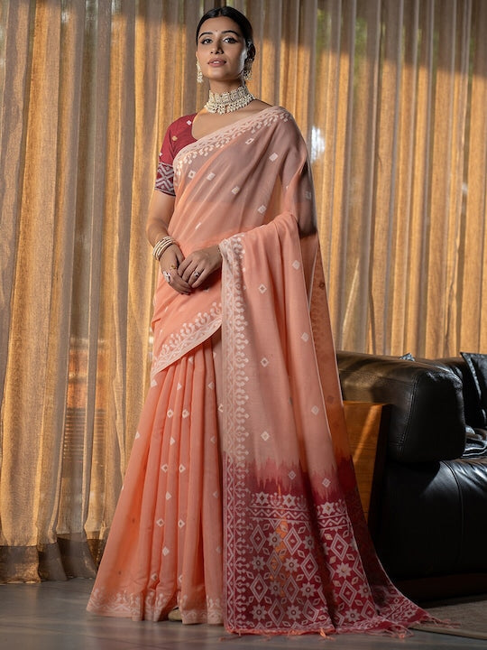 Satrani Peach Geometric Woven Design Jamdani Saree