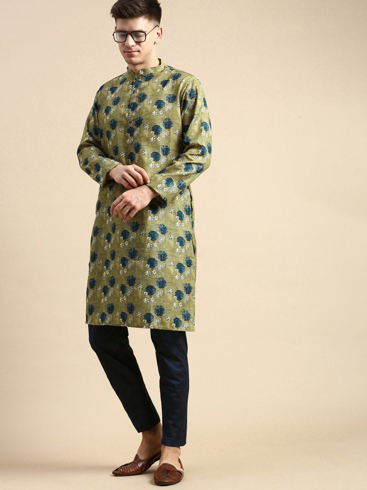 Amodh by Kisah Mens Olive Kurta Trousers (Set of 2)