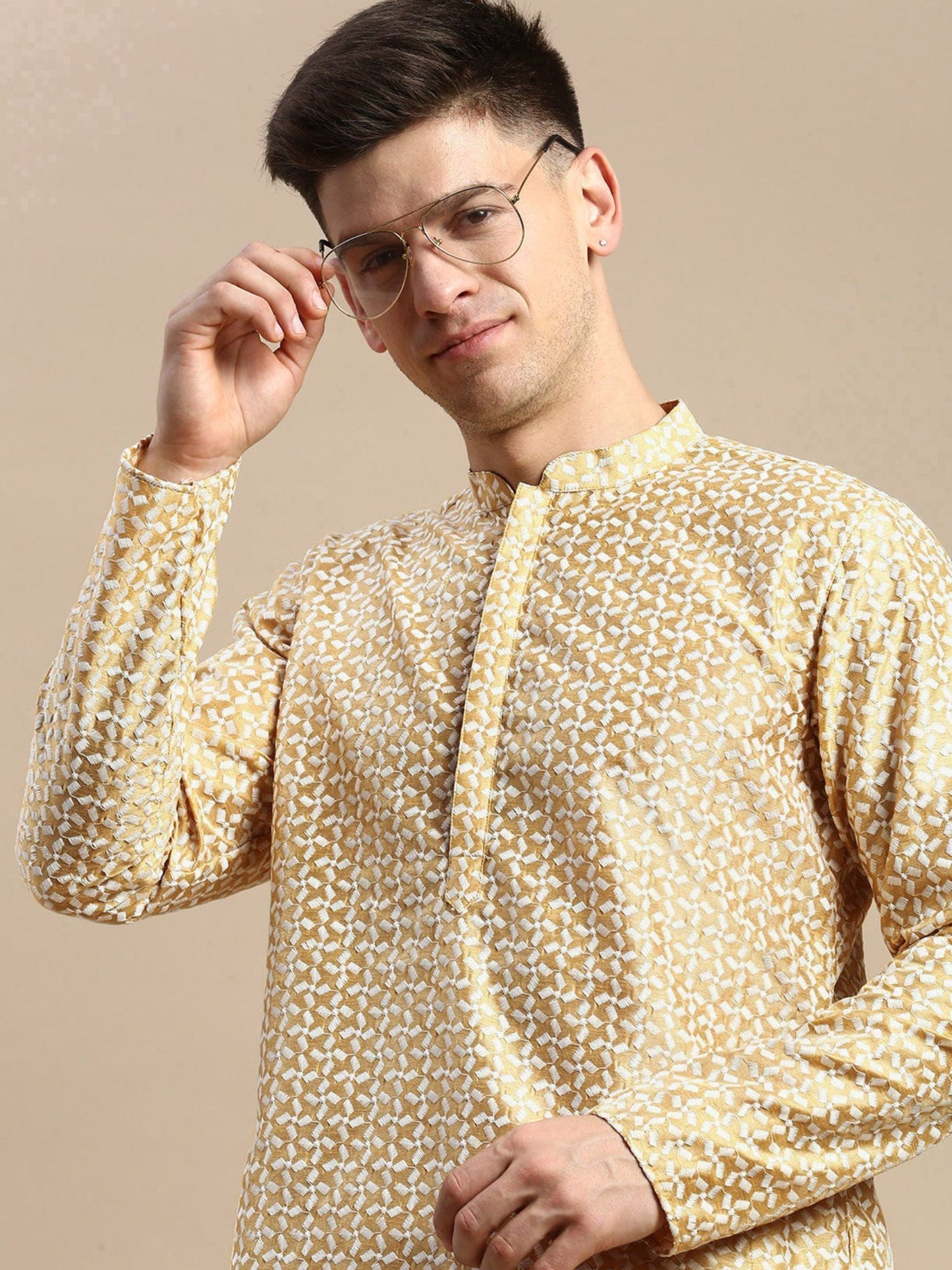 Amodh by Kisah Mens Yellow Kurta Trousers (Set of 2)