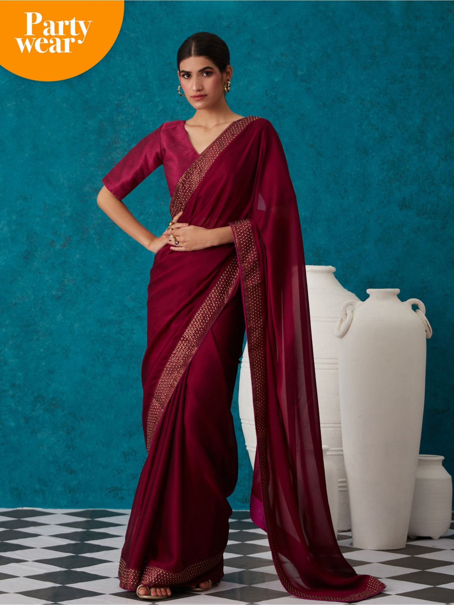Likha Maroon Georgette Solid Embellished & Sequined Saree with Unstitched Blouse LIKSAR17 (Free Size)
