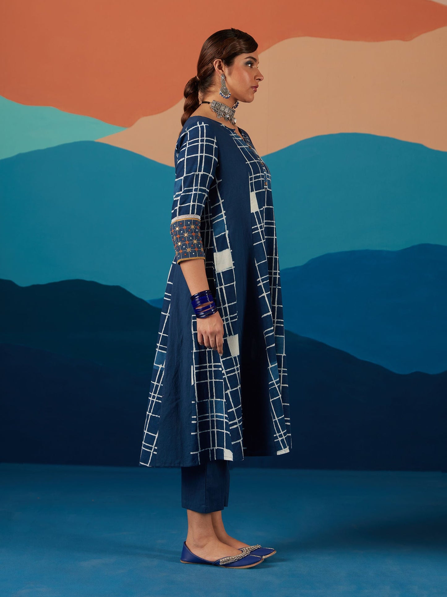 Likha Blue Indigo Saga Hand block print & Mirror work Co-ord Set LIKSKD192 (Set of 3)