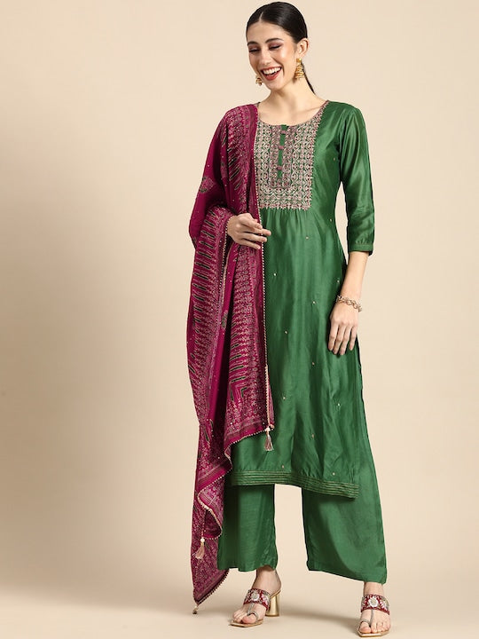 Anouk Green & Gold Ethnic Motifs Embroidered Sequinned Straight Kurta Palazzos Dupatta