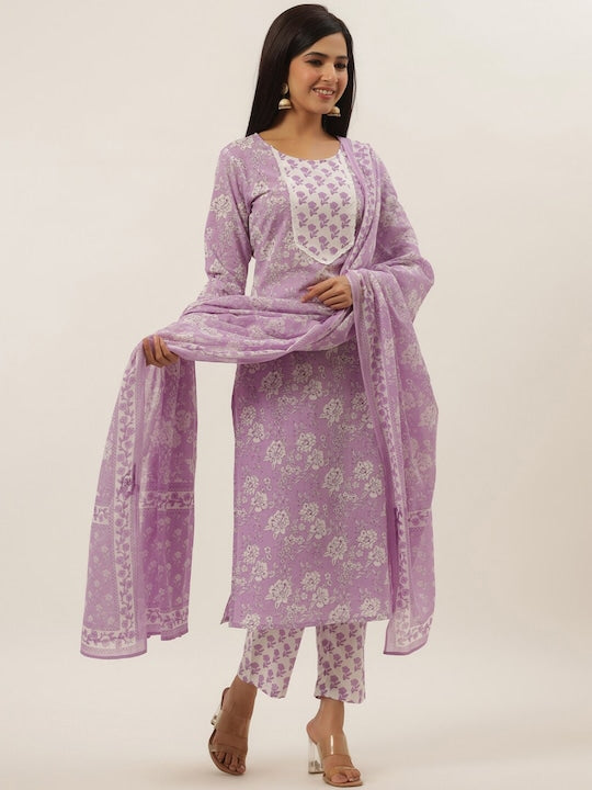 Yufta Women Lavender Printed Pleated Pure Cotton Kurta with Trousers & With Dupatta - S