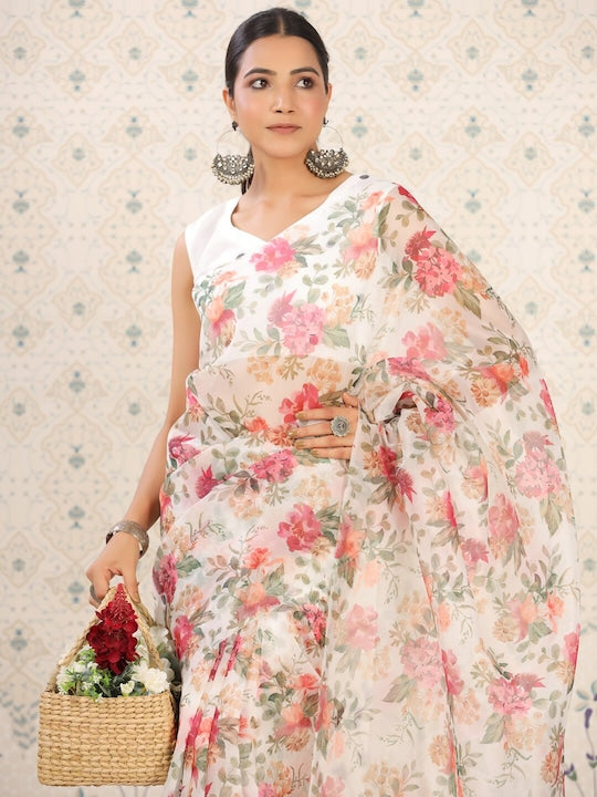 House of Pataudi White & Pink Floral Organza Saree