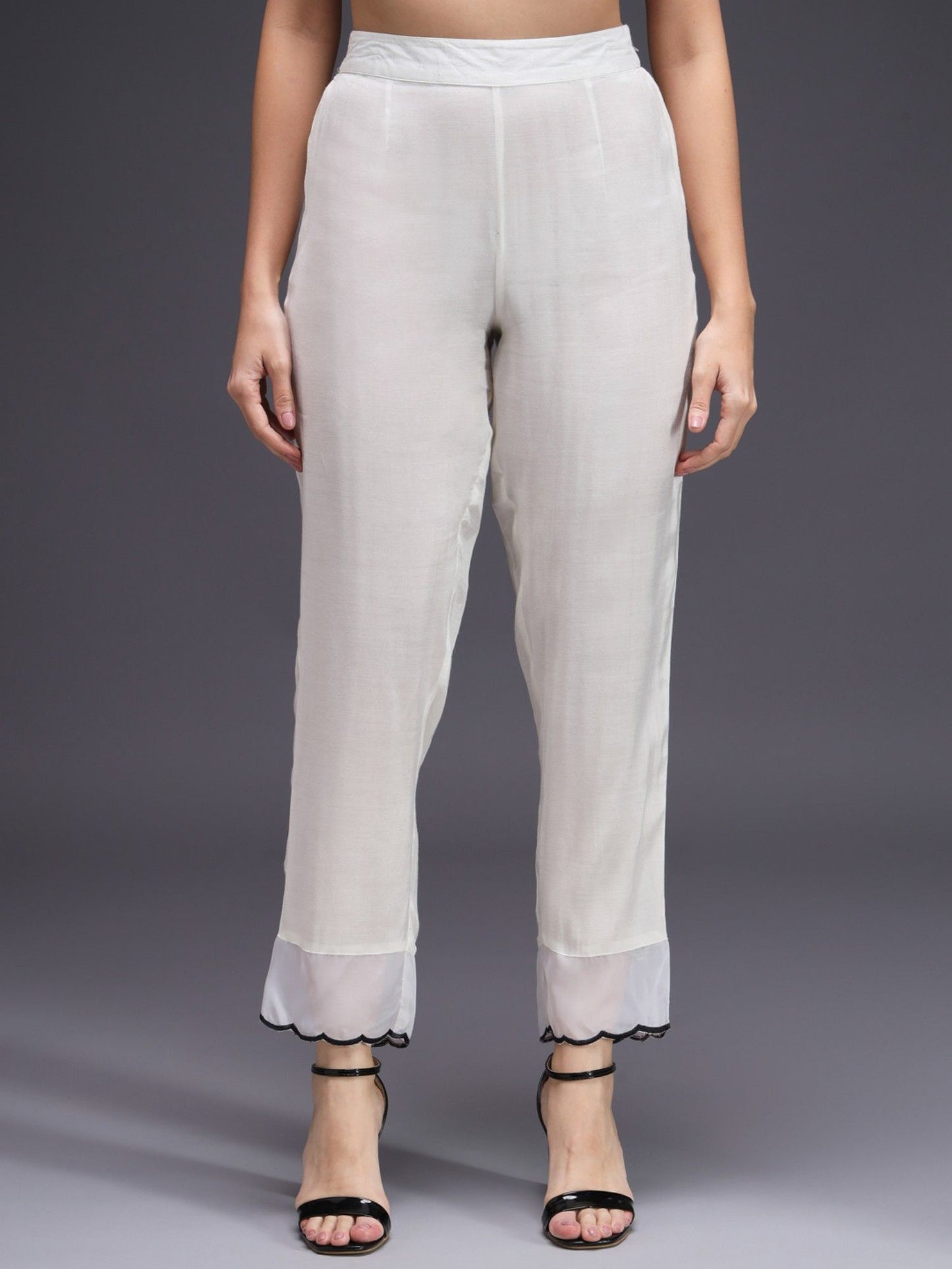 Heeposh White Dobby Weaved Embroidered Flared Kurta and Pants with Printed Dupatta (Set of 3)