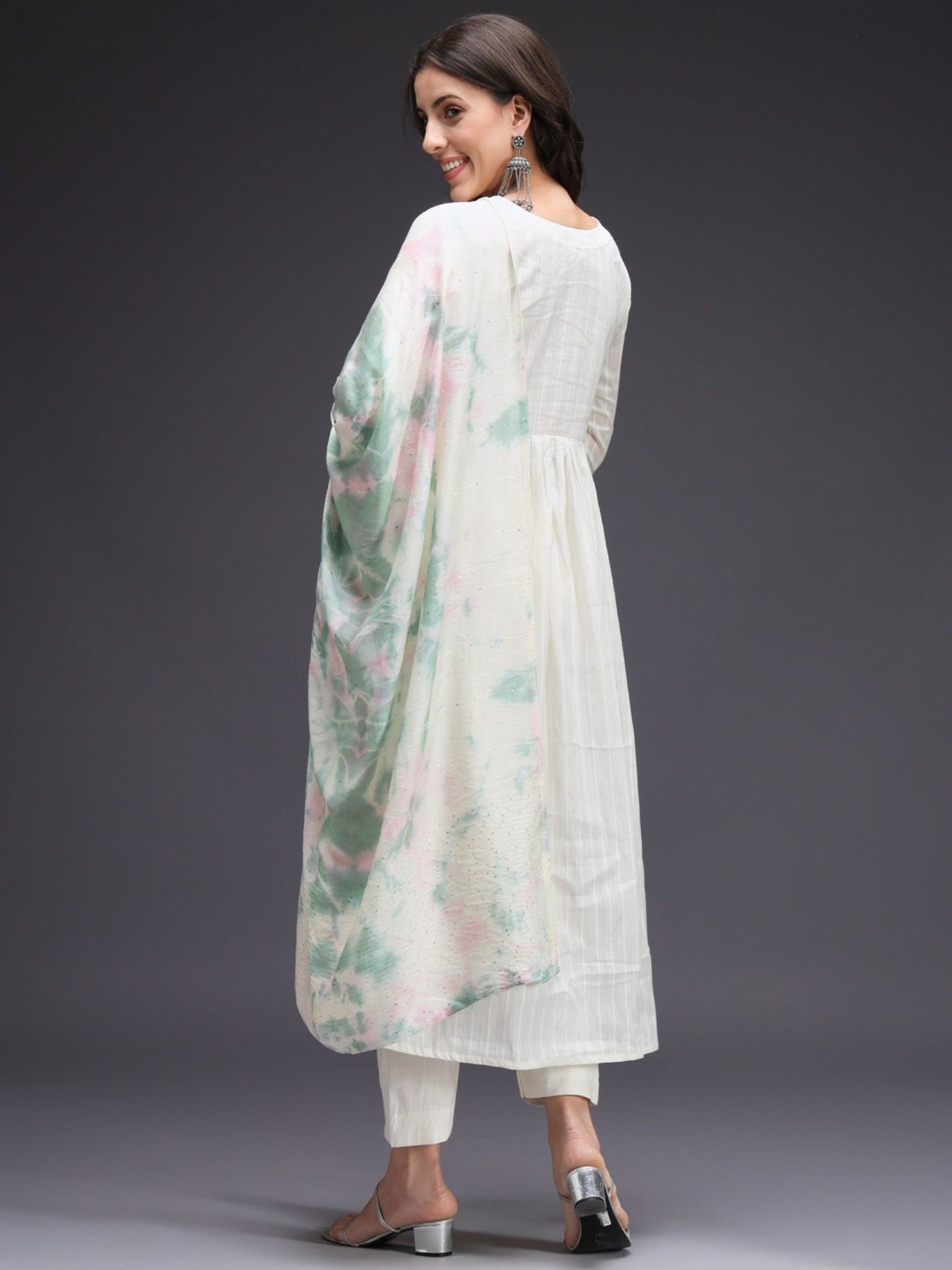 Heeposh Cream Cotton Weaved Kurta Pants with Shibori Mulmul Dupatta (Set of 3)