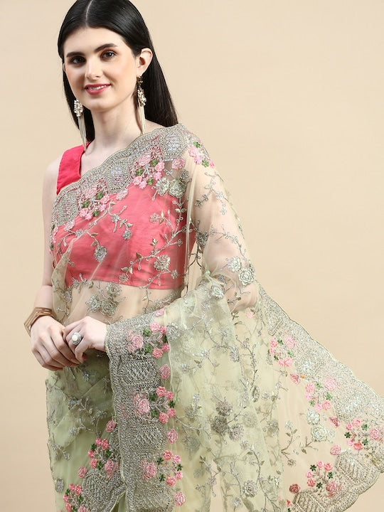 Kasee Floral Embroidered Zari Net Saree