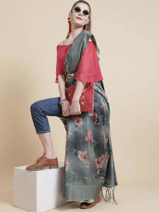 AKS Floral Printed Organza Saree