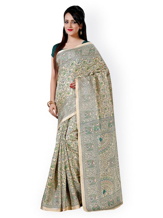 Saree mall Beige Khadi Silk Floral Print Saree
