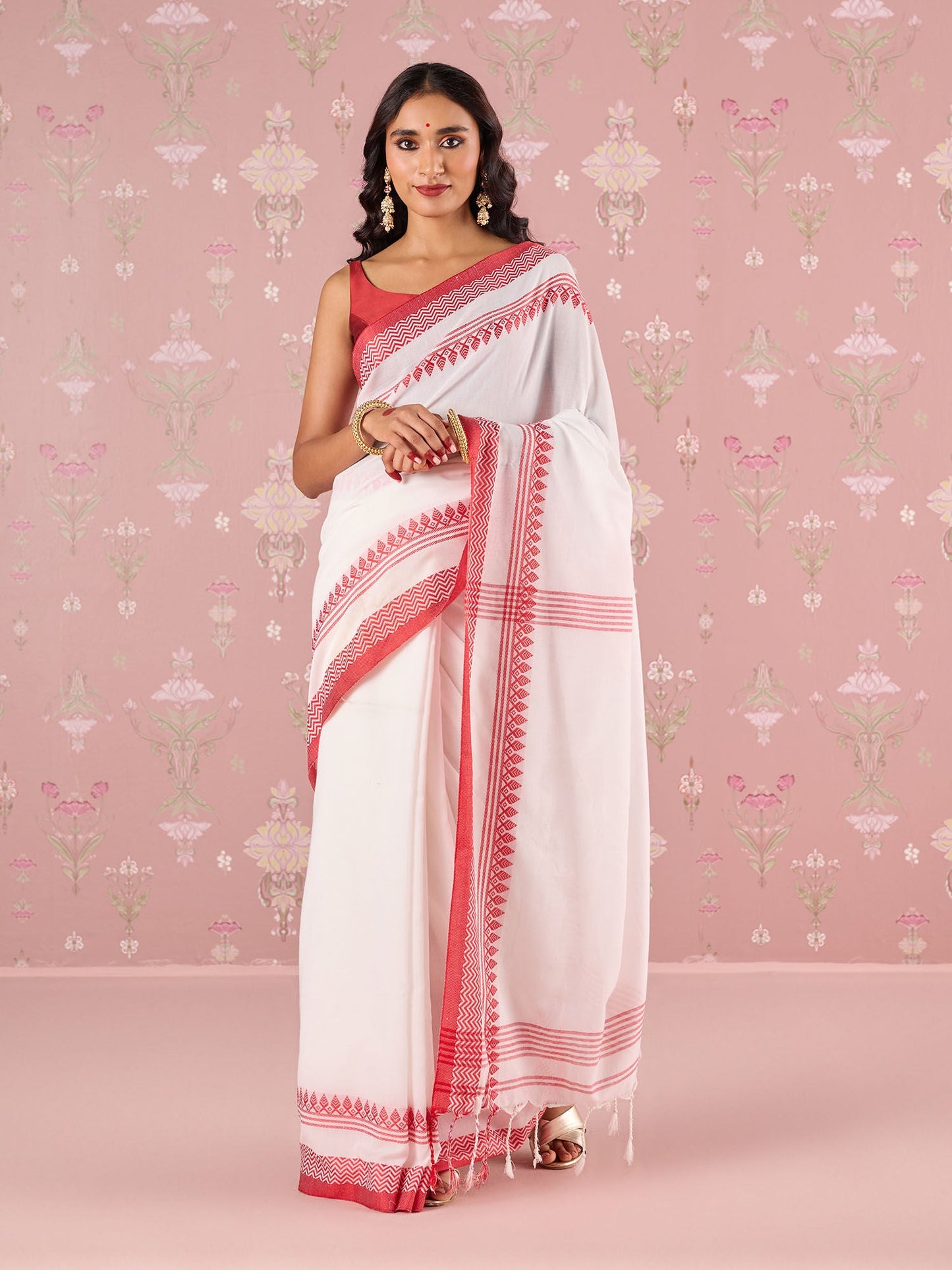 Likha Red & White Karigar Korner Cotton Pujo Saree with Unstitched Blouse LIKKKSAR04