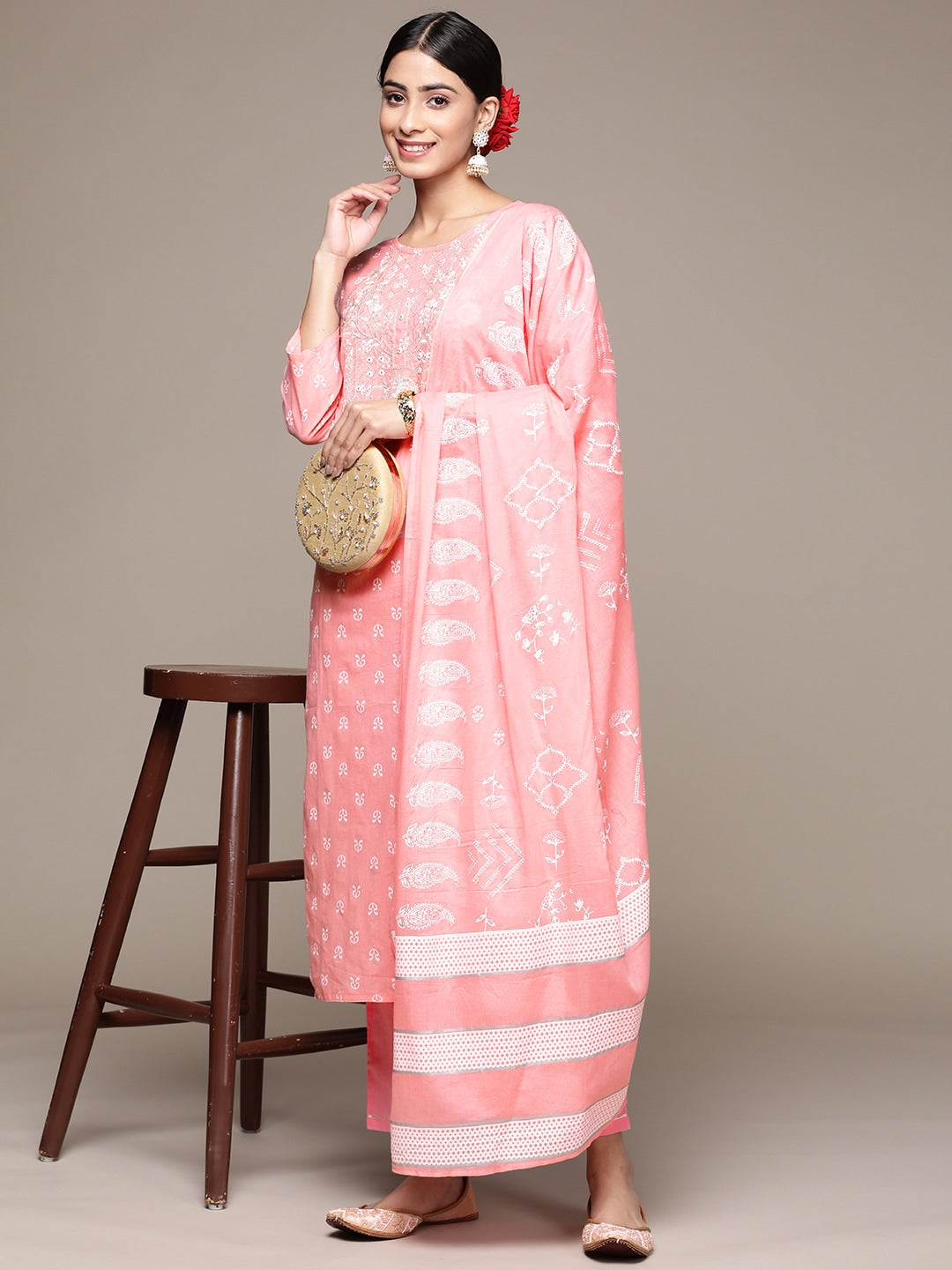 Anubhutee Women Floral Printed Mirror Work Pure Cotton Kurta With Trousers & Dupatta - XL