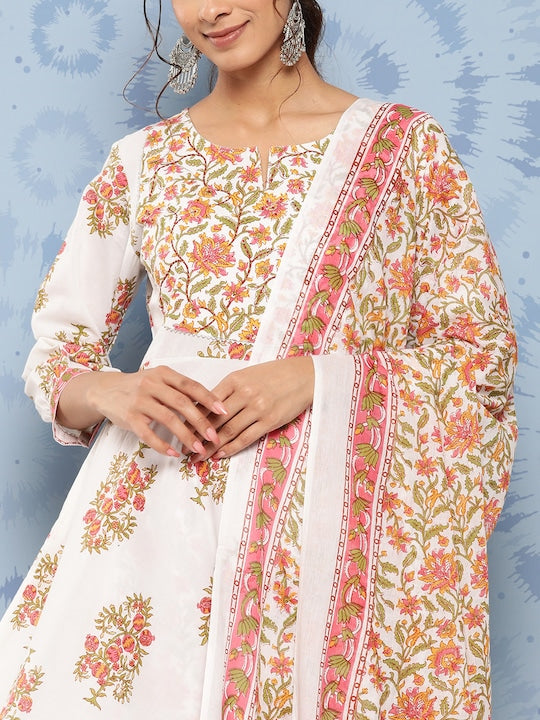 Yufta Floral Printed Regular Pure Cotton Kurta with Trousers & With Dupatta White