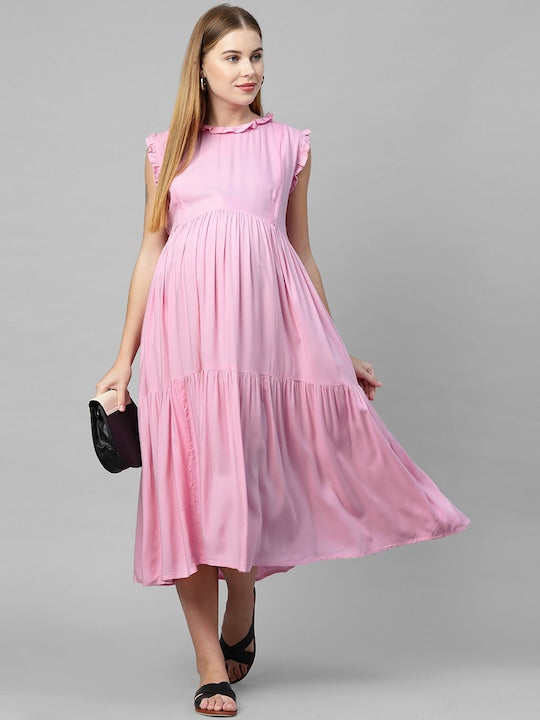MomToBe Pink A-Line Maternity Midi Nursing Dress