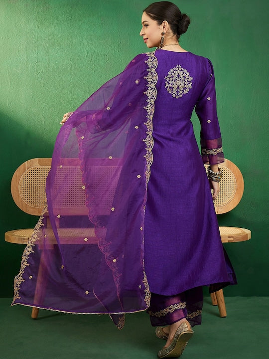 Sangria Purple Ethnic Motifs Embroidered A-Line Kurta With Palazzo & Dupatta