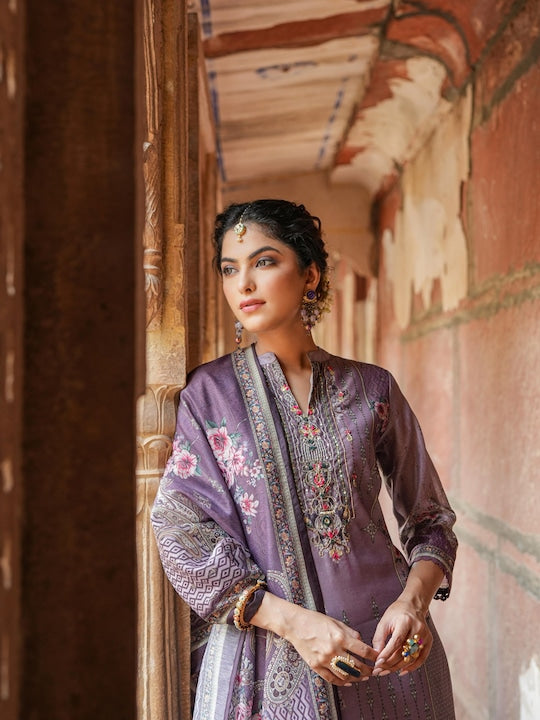 Scakhi Floral Printed Beads & Stones Chanderi Silk Kurta with Trousers & Dupatta