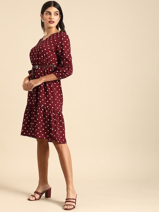 All about you Women Maroon & White A-Line Polka Dot Printed A-Line Dress With A Belt