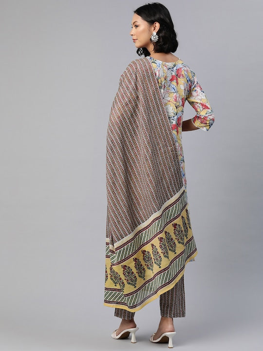 Readiprint Fashions Women Floral Printed Sequinned Cotton Kurta with Palazzos & Dupatta