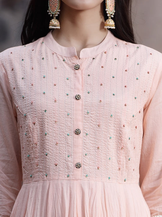 Juniper Women Peach-Coloured Solid Cotton Flared Kurta