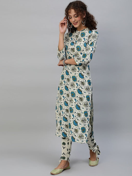 AKS Floral Printed Band Collar Regular Kurta with Trousers