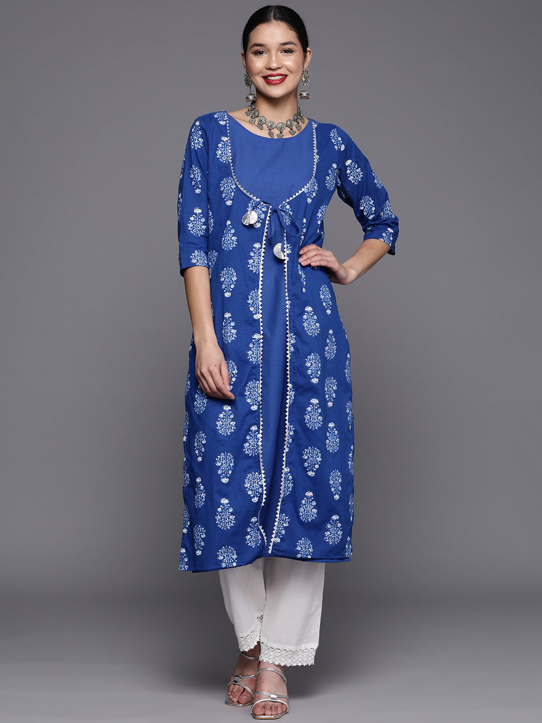 Ahalyaa Womens Royal Blue Pure Cotton Printed Kurtas