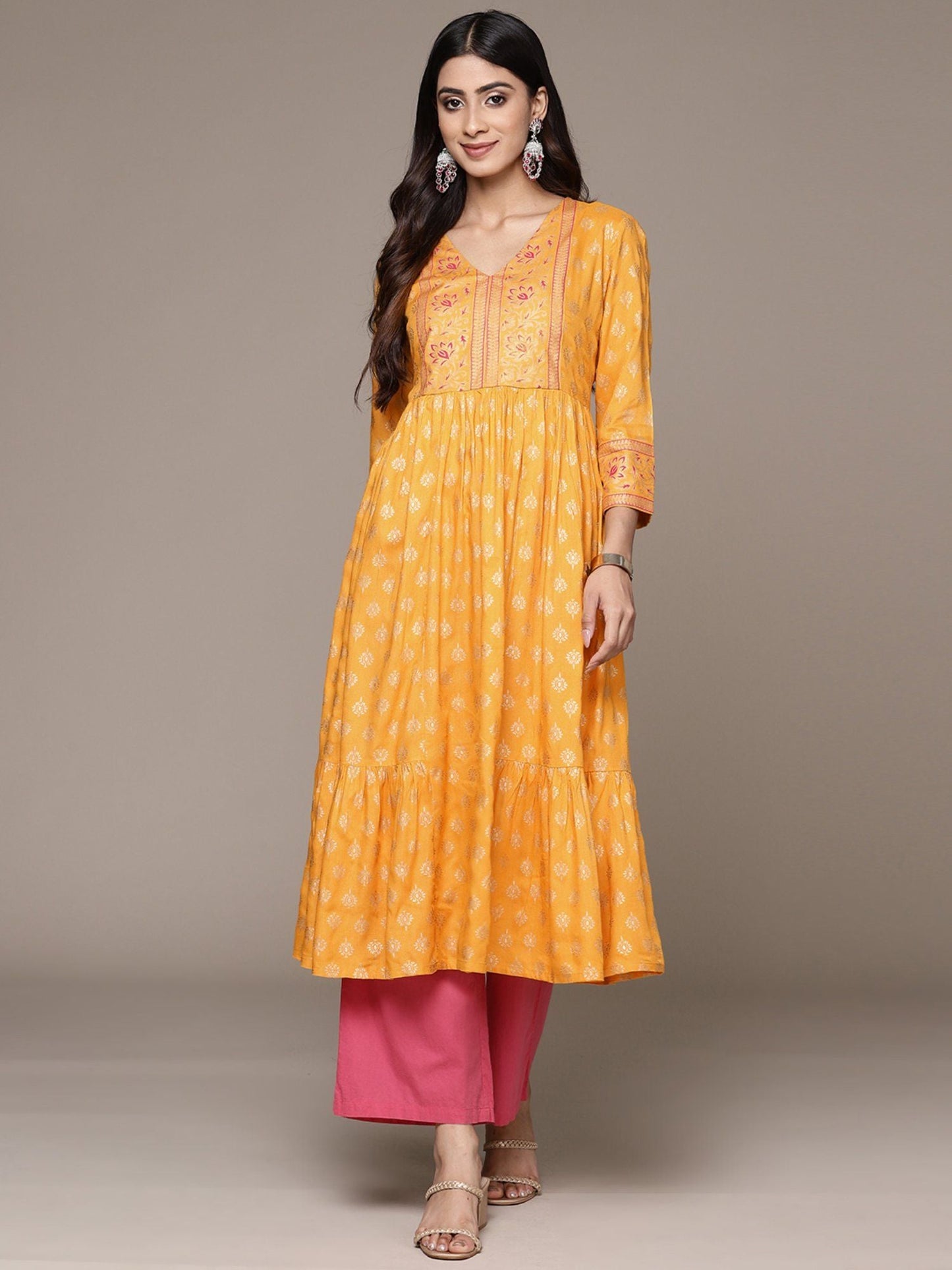 ISHIN Women's Viscose Rayon Ethnic Motifs Mustard Anarkali Kurta