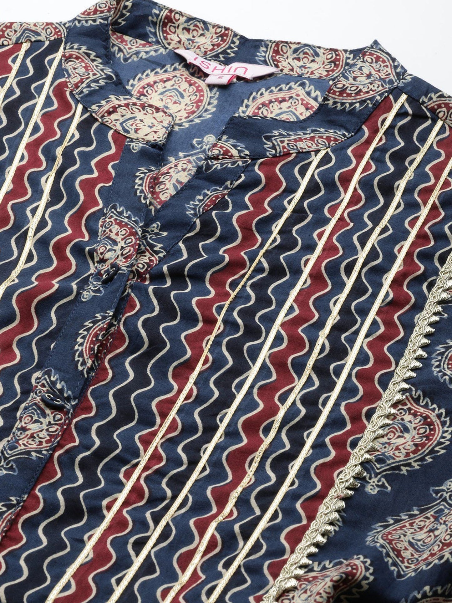 ISHIN Women's Navy Blue Ethnic Motifs Printed with Gotta Patti Cotton Kurta