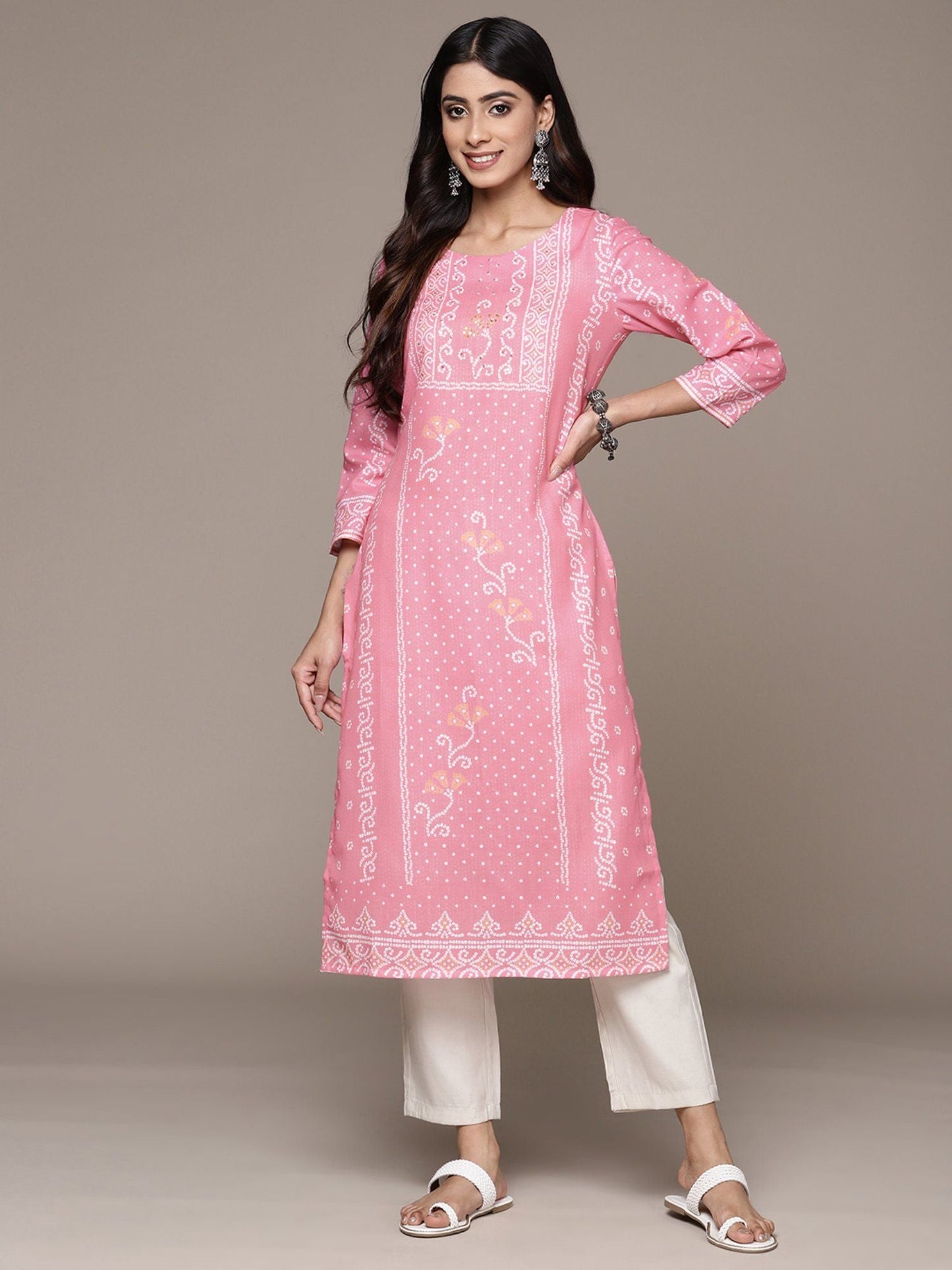 ISHIN Women's Silk Ethnic Motifs Pink Straight Kurta