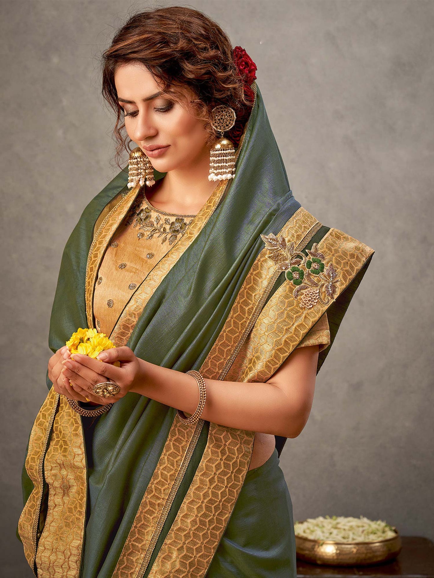 Odette Olive Tussar Silk Saree with Unstitched Blouse