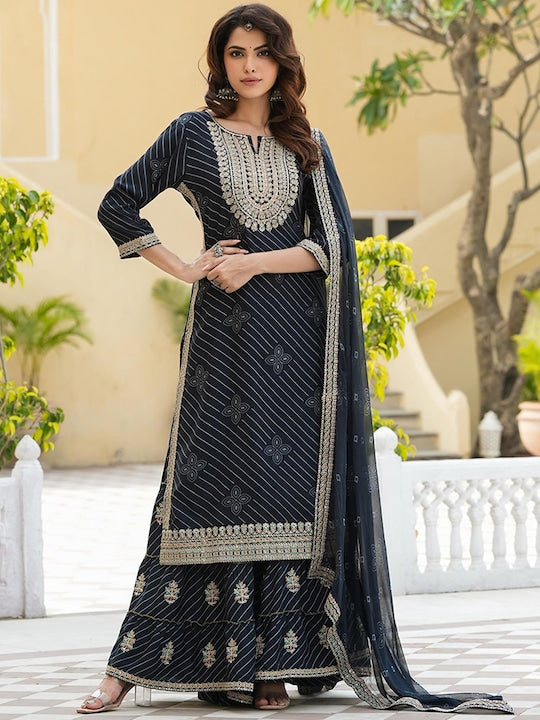 Scakhi Ethnic Motifs Printed Zari Kurta with Sharara & Dupatta