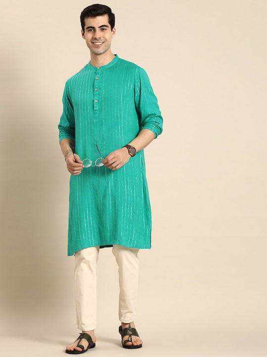 Anouk Men Sea Green Striped Mandarin Collar A Line Kurta