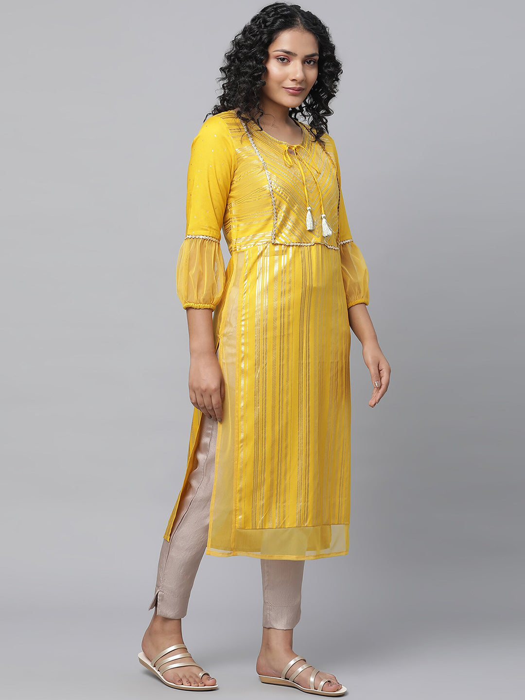 Aurelia Tie-Up Neck Striped Gotta Patti Straight Kurta