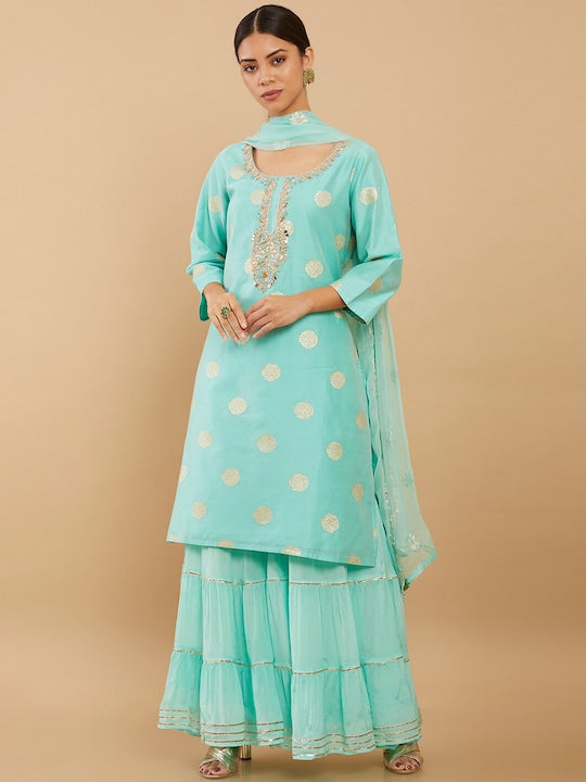 Soch Women Blue Floral Embroidered Zardozi Pure Silk Kurta with Sharara & With Dupatta - L