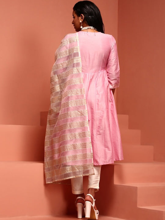 IMARA Ethnic Motifs Yoke Design Thread Work Pleated A-Line Kurta with Trousers & Dupatta