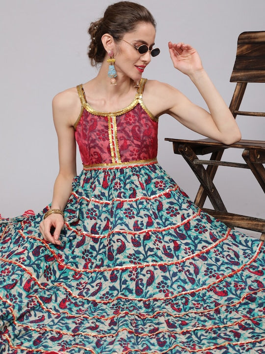 AKS Couture Floral Printed Shoulder Strapped Tiered Cotton Maxi Dress