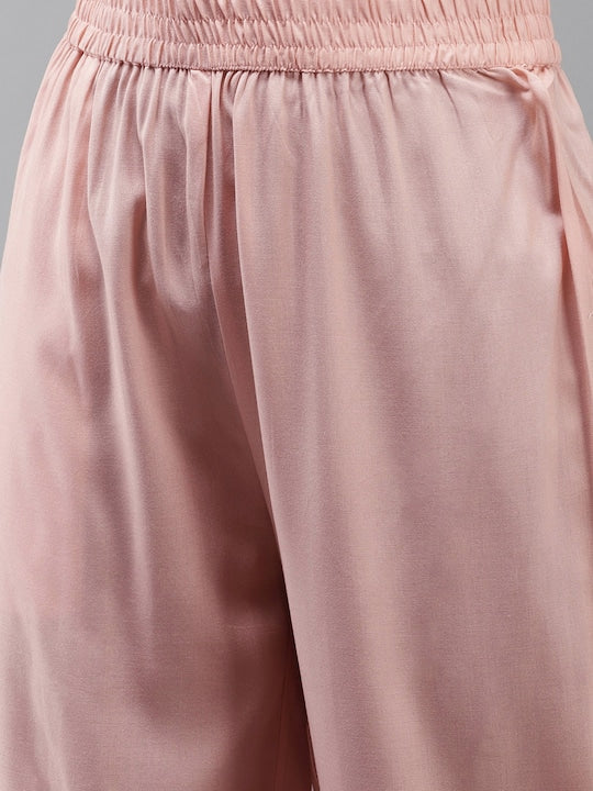 Yufta Women Pink Yoke Design Thread Work Kurta with Palazzos & With Dupatta