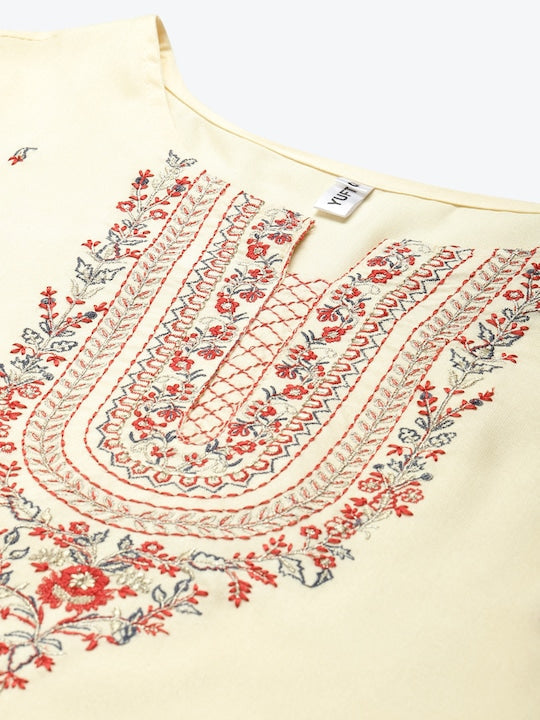 Yufta Women Cream-Coloured Floral Yoke Design Thread Work Kurta with Palazzos & With Dupatta