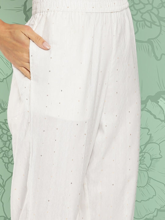 Yufta Women Self Design Sequinned Regular Pure Cotton Kurta with Trousers & With Dupatta