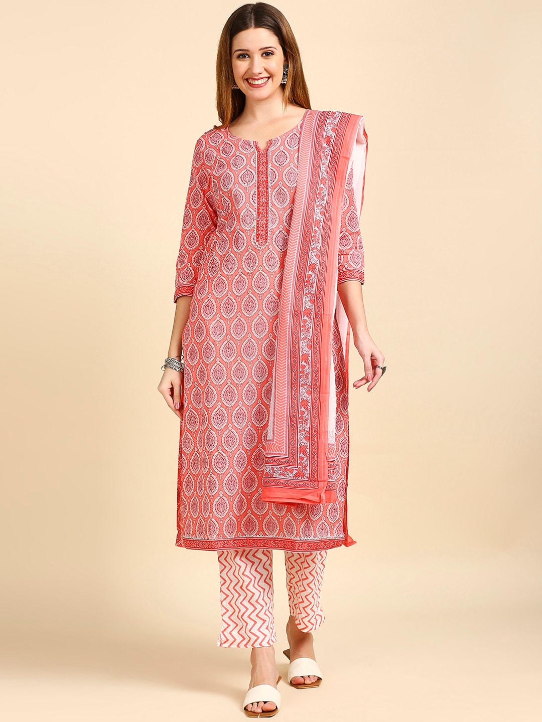 Anubhutee Women Pink & White Printed Kurta with Trousers & Dupatta
