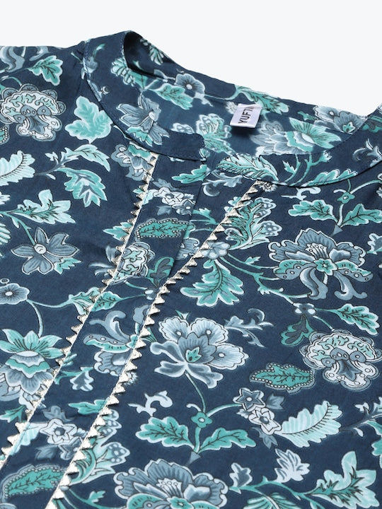 Yufta Women Navy Blue Ethnic Motifs Printed Gotta Patti Pure Cotton Kurta with Trousers & With Dupatta