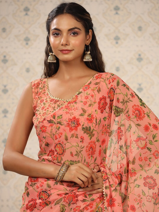 House of Pataudi Floral Pure Georgette Saree