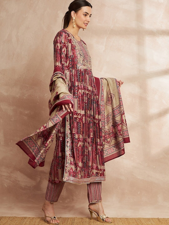 All about you Geometric Printed Regular Straight Kurta With Trousers & With Dupatta